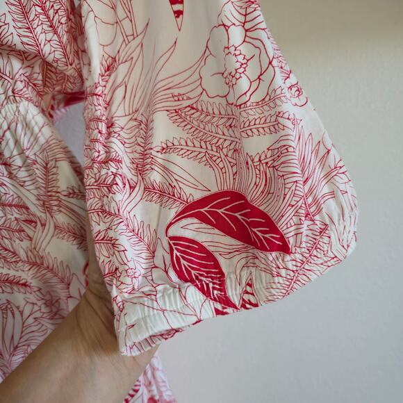 Khush Floral Tiered Midi Dress Size L White Red V-neck Boho Cottage Resort - Picture 9 of 12